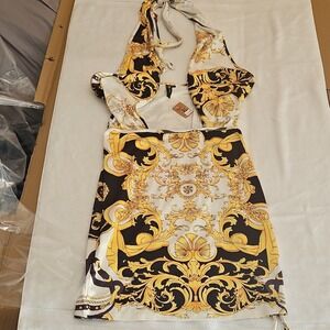 Secret Gold Black Baroque Print Halter Mini Dress Satin Polyester Sleeveless XL